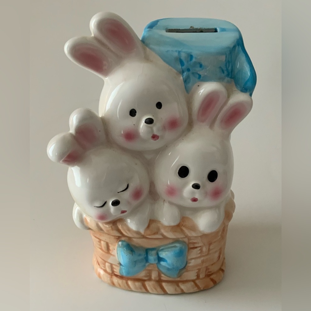 Ceramic Bunnies in a basket Piggy Bank